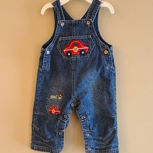 Denim overalls with embroidered car detail